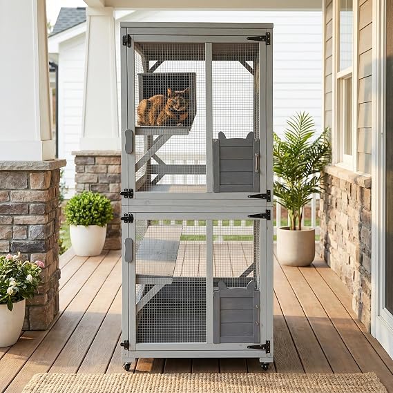 71" Large Outdoor Catio on Wheels, Weatherproof Cat Kennel Outdoor with Window Box Connection, Portable Balcony Catio & Outdoor House for Cats with Jumping Platforms, Fir Wood