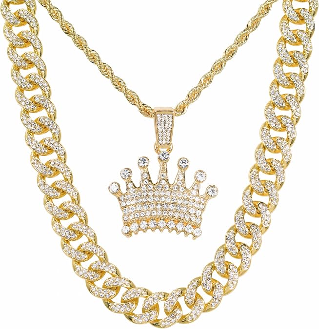 Techno Pave Men's 12mm Iced Out Cuban and Pendant Necklace Set - 24-Inch Chain, Hip-Hop Streetwear Jewelry