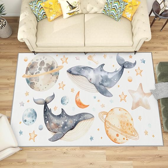 Whale Rug for Nursery - 4x5 Rug - Whale Rug - Cute Cartoon Planet Star Area Rug - Kids Boys Girls Nursery Rugs - Watercolor Ocean Animal Carpet - Soft Washable Non Slip Low Pile Home Decor