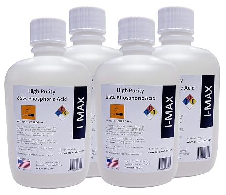 4 x 1000 ml (More Than One Gallon) 4 Liters Phosphoric Acid 85% Food Grade, Rust Remover, pH Down - High Purity Phos Acid - More Than 4 Quarts - Made in the USA