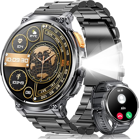 1.85 Big Screen Military Smart Watch for Men with LED Flashlight 2 Straps