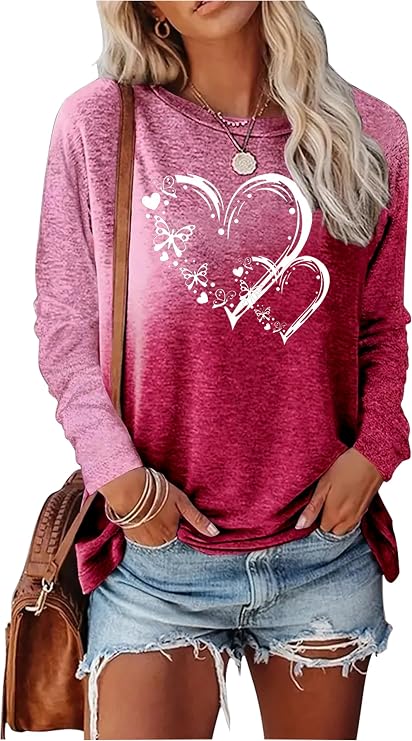 Valentines T Shirts for Women Funny Double Heart Graphic Wife T Shirts Girlfriend Tees Long Sleeve Sweet Couple Tops