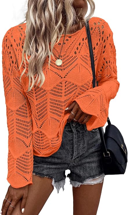 Allimy Womens Long Sleeve Hollow Out Crochet Crewneck Knitted Top Blouses Cover Up