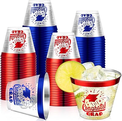 Yinder 100 Pcs Class of 2025 Celebration 9 oz Plastic Graduation Disposable Cups with Rim for Graduation Party Tableware Drinkware Drinking Tumbler Grad Graduate Party SuppliesBlue, Red