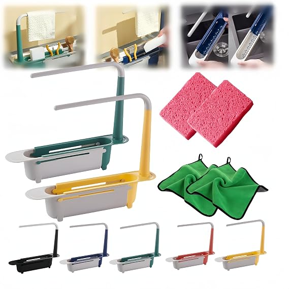 Updated Telescopic Sink Storage Rack, Adjustable Length Sink Rack Holder for Home Kitchen, Telescopic 2-in-1 Sink Storage Rack Holder (Green+Yellow)