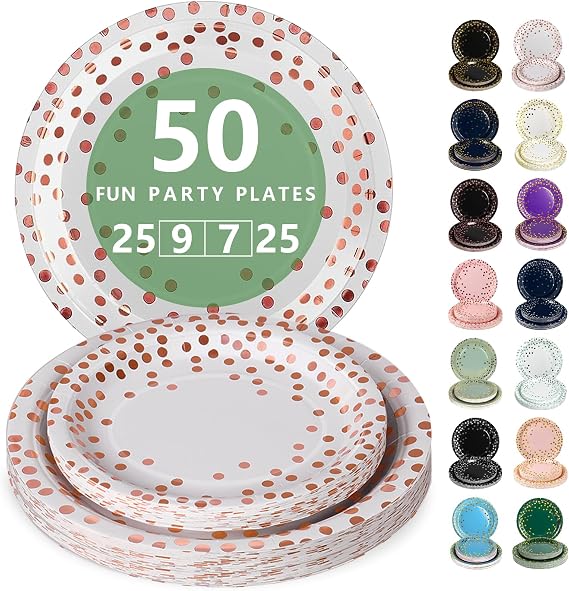 Nkaiso 50 Pcs Rose Gold Disposable Party Paper Plates Set