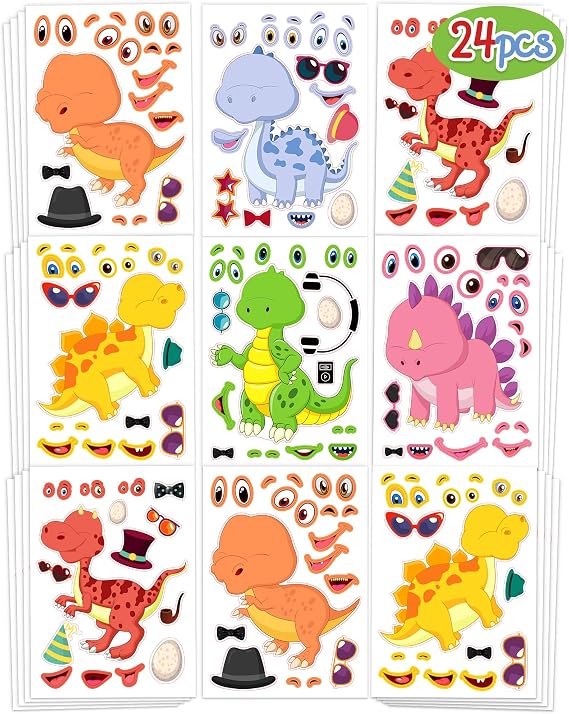 24 Pcs Make Your Own Dinosaur Sticker, Party Favors Face Stickers for Kids