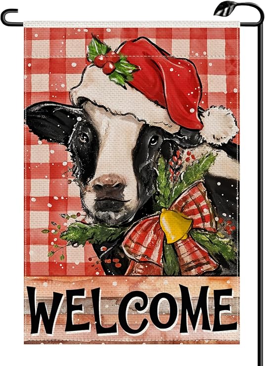 Christmas Cow Welcome Garden Flag 12x18 Inch Vertical Double Sided Winter Xmas Santa Hat Red Buffalo Plaid Check Small Flags Farmhouse Outside Decoration For Yard SD31