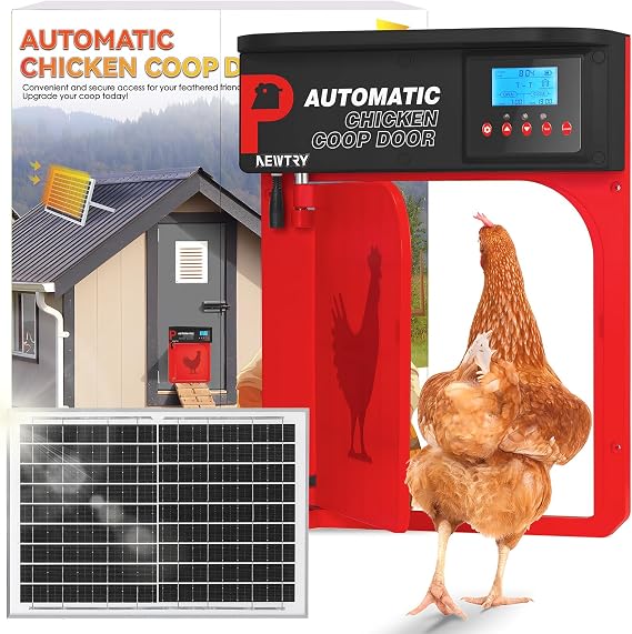 NEWTRY Automatic Chicken Coop Door - Innovative Side-Opening Design, Timer & Light Sensor Control, Solar/Batterie/AC Triple Power Mode with 40M Remote Range, Anti-Pinch IP 45 Electric Chicken Door