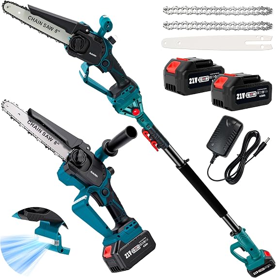 2-in-1 Electric Pole Saw & 8-Inch Mini Chainsaw, 2x4.0Ah Batteries