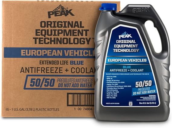 PEAK OET Extended Life Blue 50/50 Prediluted Antifreeze/Coolant for European Vehicles, 6 Pack