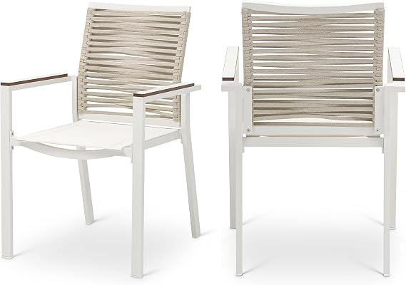 Meridian Furniture 343Beige-AC Maldives Collection Modern | Contemporary Outdoor Patio Dining Arm Chair, Cream Mesh Seat, Beige Rope Fabric, Aluminum Frame, 22.5" W x 23" D x 34.5" H, Cream, Set of 2