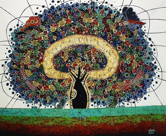 Original Batik Art Painting on Cotton Fabric, Tree of Life' by Agung (90cm x 75cm)