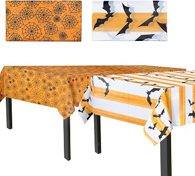 MATICAN Halloween Tablecloths, 2-Pack Disposable Plastic Table Covers, Bats and Spider Web Pattern, 54 x 108 Inches, Party Decorations