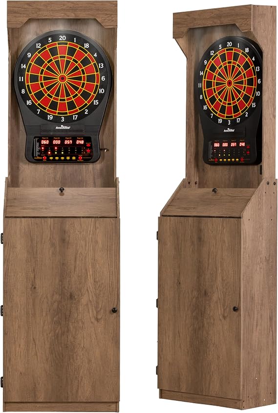 Arachnid Rustic Wood Cabinet: Freestanding LED Unit with E650 Electronic Board. Features 33 Games, 303 Variations, and 8-Player Scoring. Includes 6 Darts and Accessories for a Complete Setup.