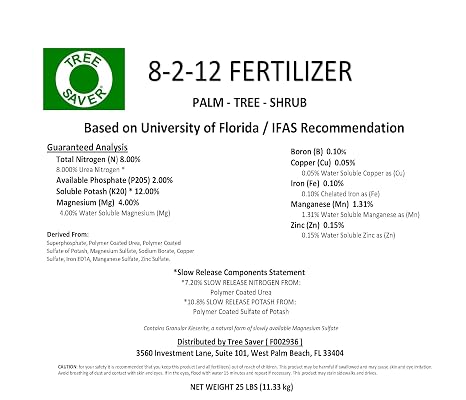 8-2-12 Palm Fertilizer - 25LBS. Palm, Trees and Shrub Fertilizer. Slow Release. Low pH Soil-Magnesium-Kieserite-University of Florida Formula with Kieserite