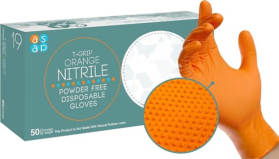ASAP T-grip Orange Nitrile Gloves Disposable Latex Free 8 Mil, Raised Textured Grip Powder Free, Mechanic & Safety