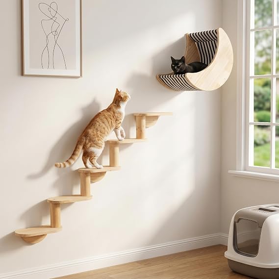 Cat Wall Shelves, Solid Wood Moon Bed, 5-Step Stairs for Vertical Climbing