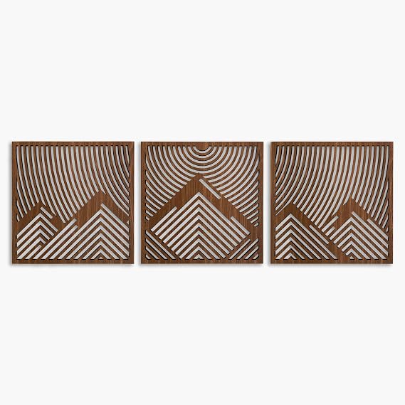 Geometric Mountain Wood Wall Art, Large Wooden Wall Art of Mountains, Wood Wall Decor Over the Bed, 3 Piece Mountain Wall Art, Wood Gift For the Home