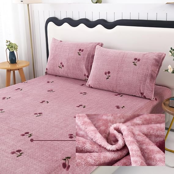 MAG 3Pcs Velvet Fleece Fitted Sheet Twin Size with Pink Cherry Pattern,Cute Fluffy Fuzzy Warm Bottom Bed Sheets for All Ages,Included 1*Fitted Sheet and 2*Pillowcases.