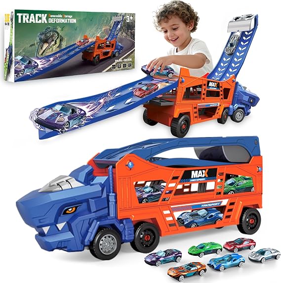 Dinosaur Truck Toys for Kids 3-5 - Transporter Carrier Truck with 6 Die-Cast Cars Toys, 3 in 1 Truck with 2 Foldable Race Tracks, Christmas Birthday Gifts Toys for 3 4 5 6 Years Old Boys(Blaze Red)