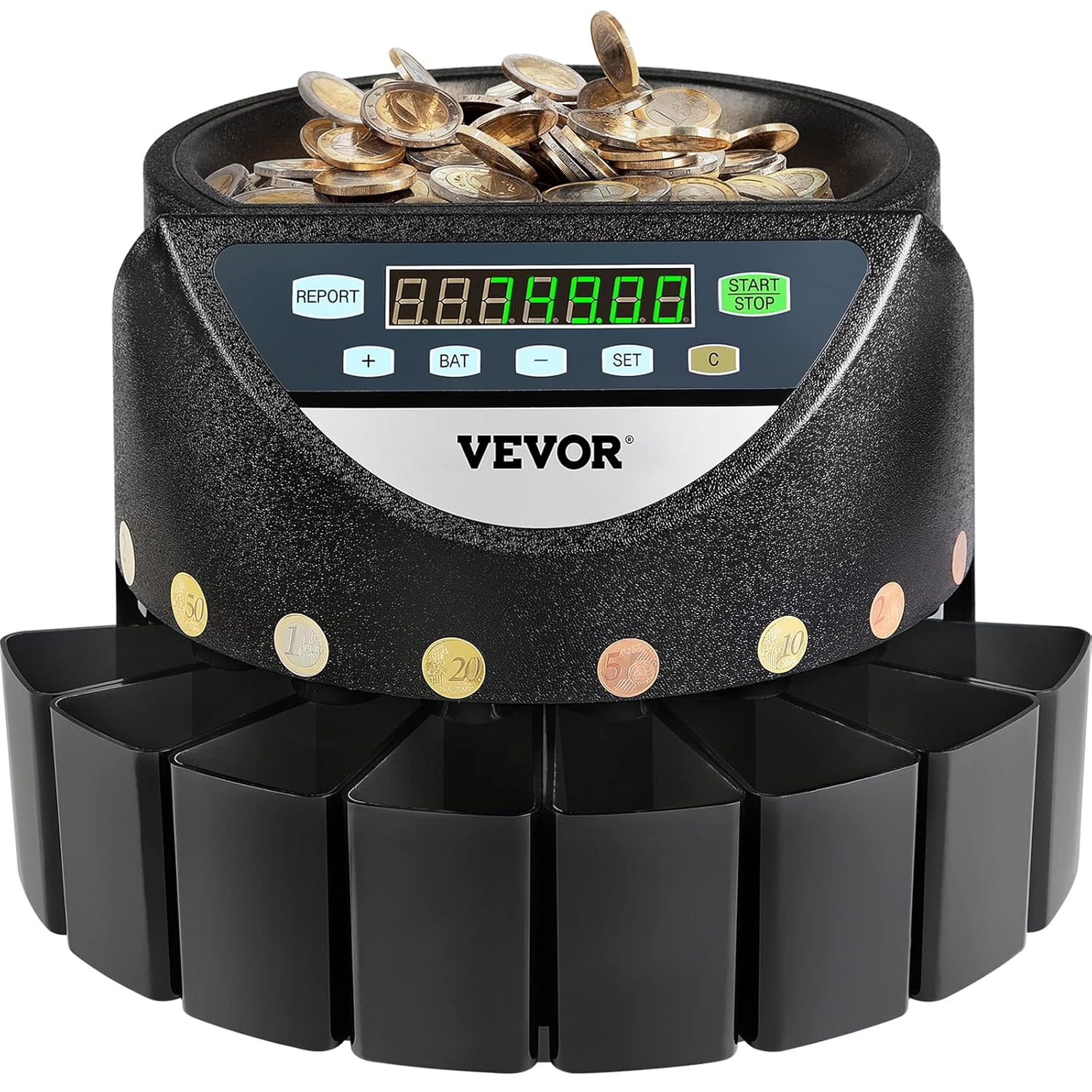 Vevor Euro Coin Counter Sorter 500-1000 Coins Electronic Automatic EUR Coin Counting Machine 220 Coins Per Minute with 8 Coin Drawers for School Shop Bank