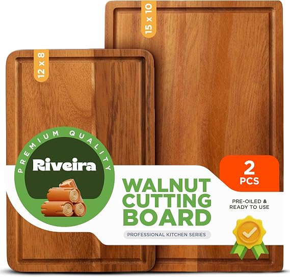 Riveira Walnut Wood Cutting Board Versatile And Durable: Set Of 2 Pcs Rectangular Wooden Cutting Board Natural Wooden Cutting Boards For Kitchen Complete Walnut Wooden Chopping Board