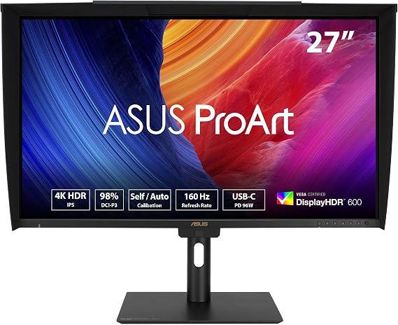 ASUS ProArt Display PA27UCGE Professional Monitor – 27", 4K UHD, IPS, 600 nits, 98% DCI-P3, Delta E<1 colour accuracy, 160Hz, Auto Calibration, HDR-10, HLG, Auto KVM, LuxPixel AGLR, Light Sync
