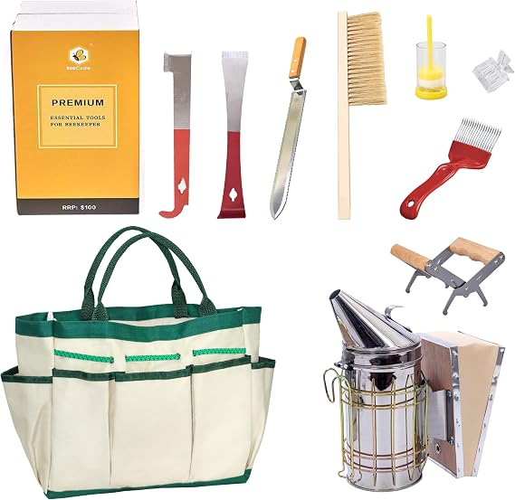 BeeCastle 9 Pcs Beekeeping Tools Kit with Organizer Tote for Beekeepers, Necessary Beekeeping Supplies Bee Keeping Starter Kit Includes Bee Smoker Kit and Beehive Tools