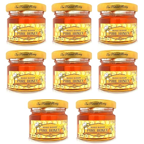 Bee Natural Orange Blossom Honey Jars | Pure, Unfiltered, Natural Honey | Kosher Certified & Kosher for Passover | Perfect for Hotels, Weddings, Corporate Events, Gifts (Case of 8 Mini 1.1oz Jars)