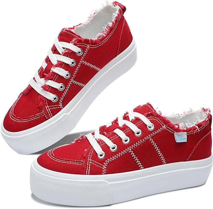 Obtaom Women Platform Canvas Sneakers White Comfort Play Fashion Sneakers Casual Lift Platform Lace Up Shoes Cute Low Top Walking Shoes for Lady