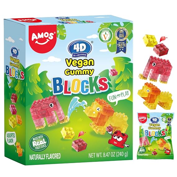 AMOS 4D Vegan Gummy Blocks Candy Assorted Fruit Flavors, Made with Real Juice, Fun-to-Build Edible Blocks, Fat-Free, (8.47 oz Pack of 1)