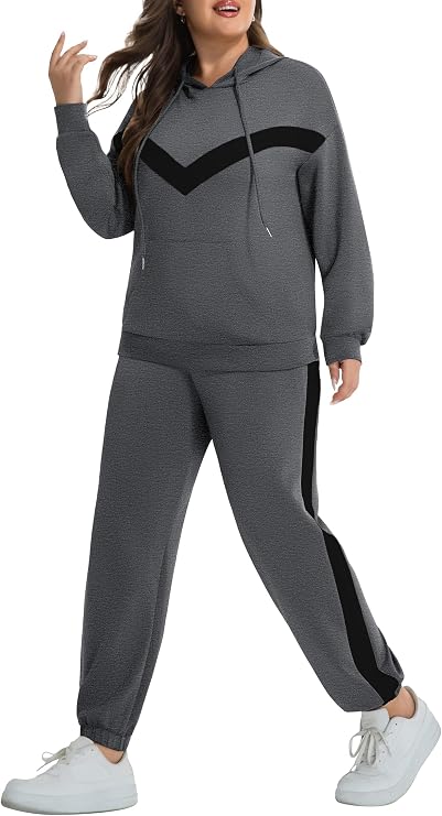 Plus Size 2 Piece Outfits Women Sweatsuits Hoodies Sweatshirt Sweatpants Baggy Tracksuit Lounge Set with Pockets