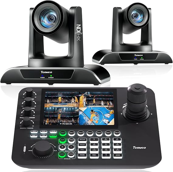 Tenveo PTZ Camera and Controller Bundle/Kits - 20X AI Auto Tracking HDMI/USB3.0/LAN(PoE) NDI PTZ Camera(2PCS) and 7'' Quad-Screen NDI Joystick Controller for Church Service Events Live Streaming