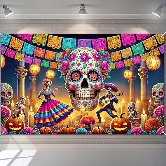 BlissYard Day of the Dead Banner Sugar Skull Decorations 71 x 43 Inch
