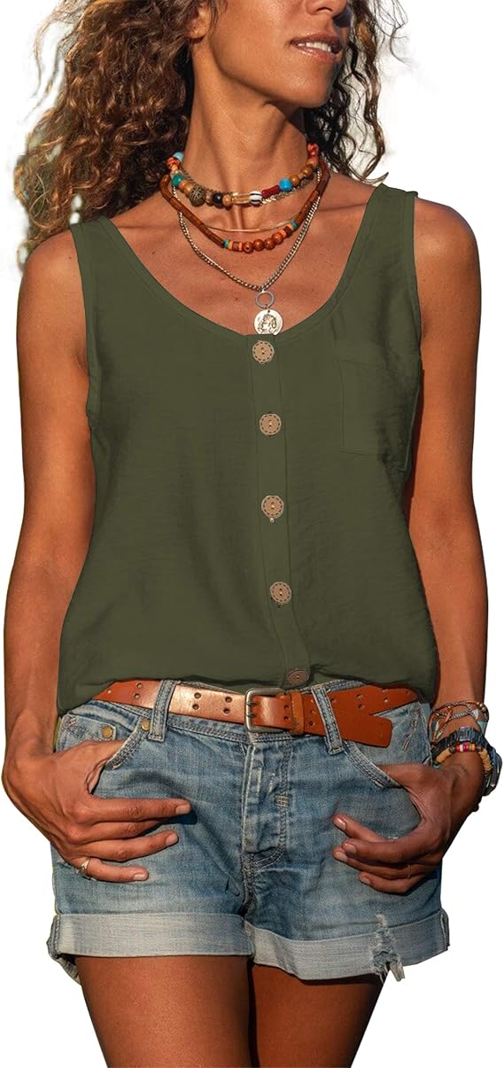 Diosun Women's Button Down Tank Tops Scoop Neck Sleeveless T Shirts Blouses Loose Fit with Pocket