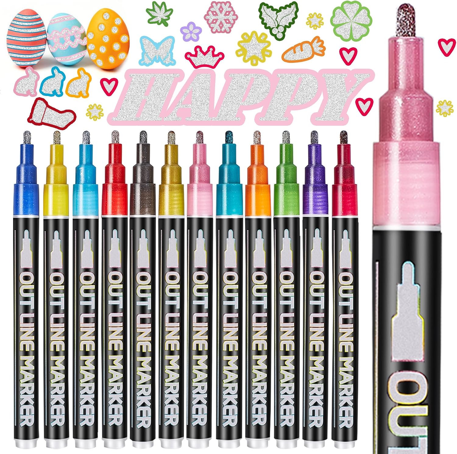 Shimmer Markers Outline Pens, 12 Colors Metallic Glitter Markers Gifts for Teen Girls Trendy Stuff, Double Line Self-Outline Art Supplies, Drawing & Crafts, School Supplies for 4-12 Year Old Girls