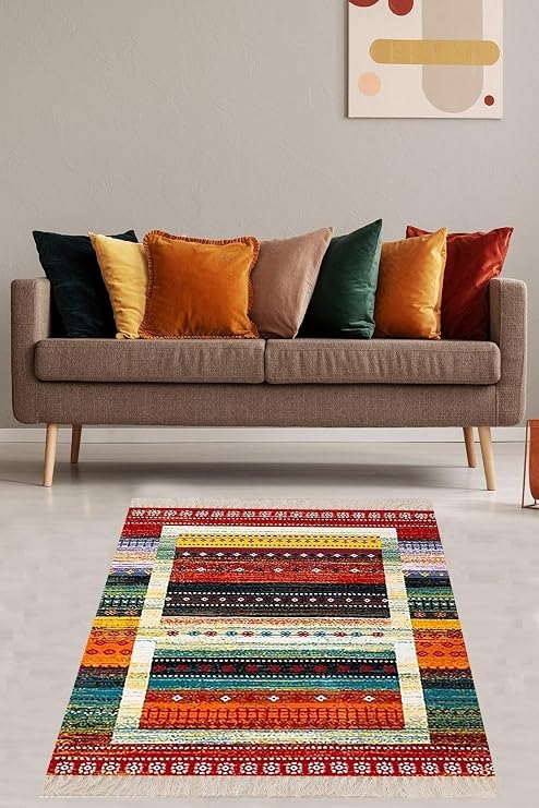 On The Clouds Kilim Desenli Renk Geçişli Yıkanabilir Kaymaz Taban Leke Tutmaz Etnik Salon Halısı ve Yolluk BFOETN1, 100 x 150