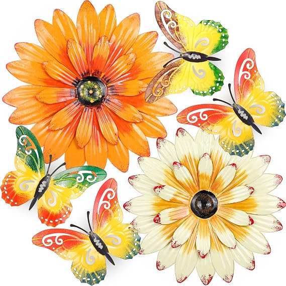 Zhehao 6 Pcs 9.5'' Metal Butterfly Wall Decor 7.8'' Metal Flowers Outdoor Wall Decor Sunflower Outdoor Art Fence Art Decorations for Garden Bedroom Bathroom Decorations
