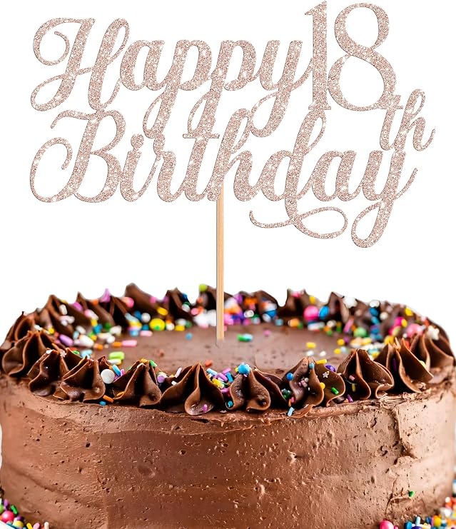Happy 18th Birthday Cake Topper - Glitter Rose Gold 18th Birthday Cake Decorations, Eighteen Year Old Cake Smash Decor, 18th Birthday Cake Top Photo Booth Props (Rose Gold)