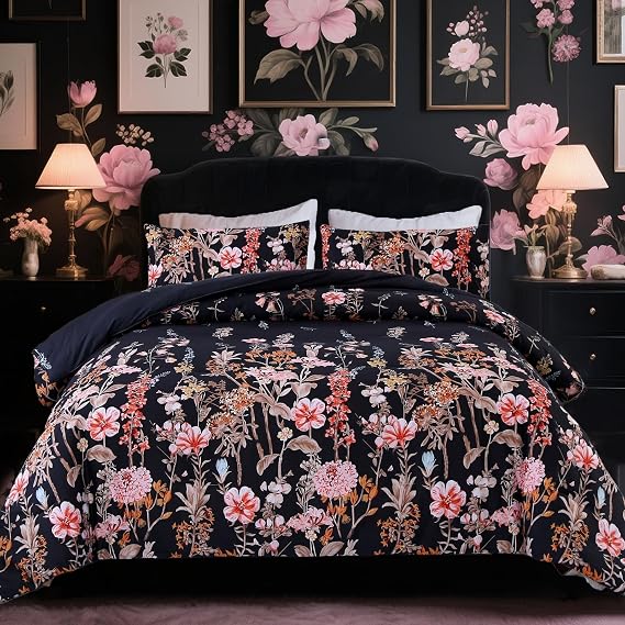 MAG 3Pcs Floral Twin Comforter Set Twin Size,Microfiber Flower Bedding Set,Vintage Black Flower Pattern,All Season with 1 Comforter + 2 Pillowcases for Kids Boys and Girls,Breathable and Wrinkle.