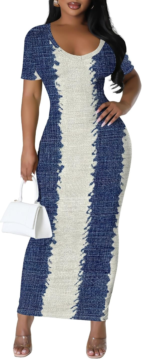 Women's Elegant Scoop Neck Short Sleeve Maxi Dress Summer Wrap Waist Long Fitted Cocktail Sundress