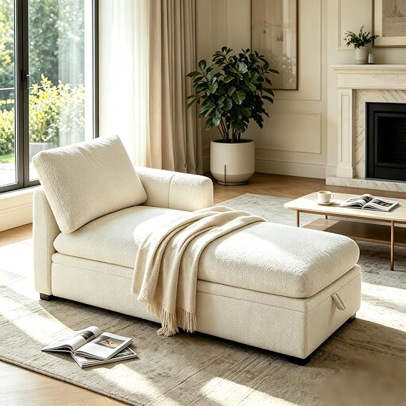 VANOMi Oversized 70.47'' Chaise Lounge Chair with Storage, Boucle White
