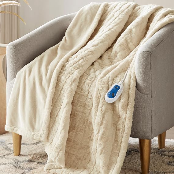 Beautyrest Reversible Heated Throw,Faux Fur Electric Blanket, Ivory Texture