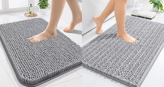 Arotive Chenille Bathroom Rugs, Grey and Luxury Chenille Bathroom Rug Mat, Light Grey, 24" x 16", 2 Item Bundle