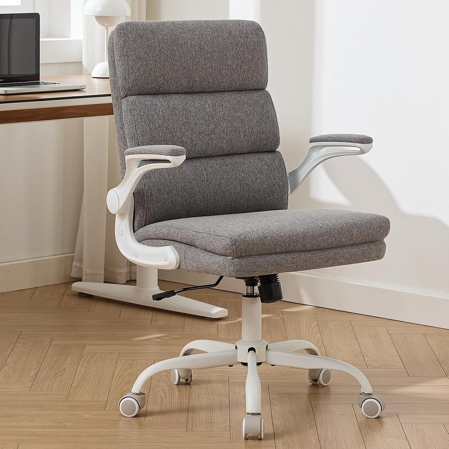 LukkDys Ergonomic Office Chair with 3-Stage Back Support, Executive Fabric Desk Chair with Flip-up Armrests, Adjustable Height & Swivel Computer Chair for Home Office, Cement