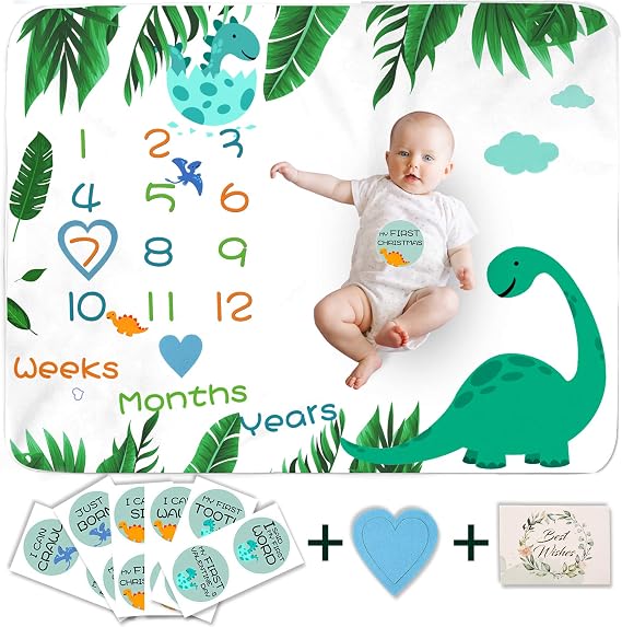 Decoroca Dinosaur Baby Monthly Milestone Blanket - Perfect for Celebrating Your Baby's Growth - Capture Precious Moments Together (50" 40" with 12 Stickers)