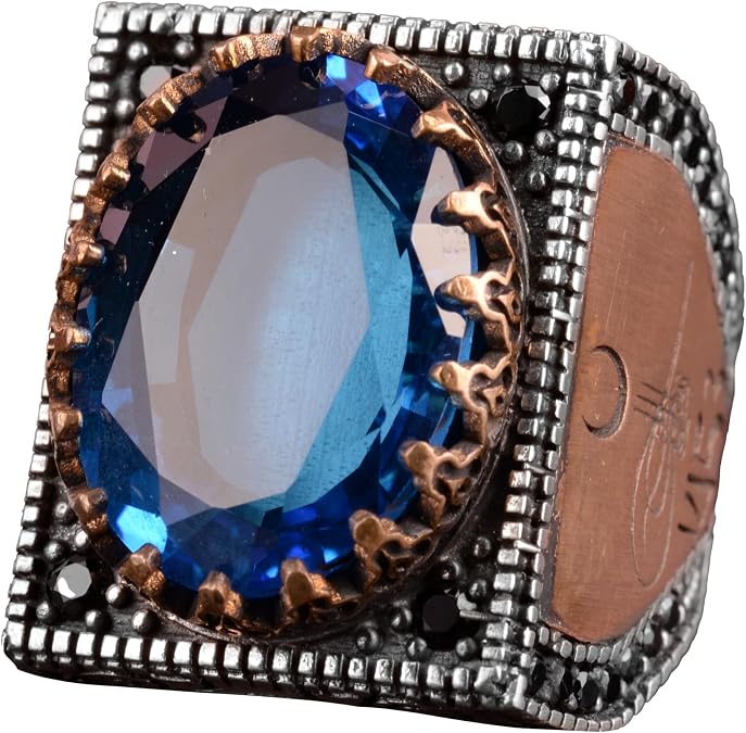 KAMBO 925 Sterling Silver Ring with Created Aquamarine Stone, Islamic Design for Men