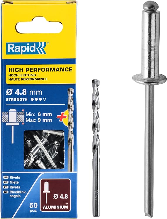Rapid kör perçin Universal alüminyum, 50 adet matkap ucu dahil, 4,8 x 12 mm, 5000388