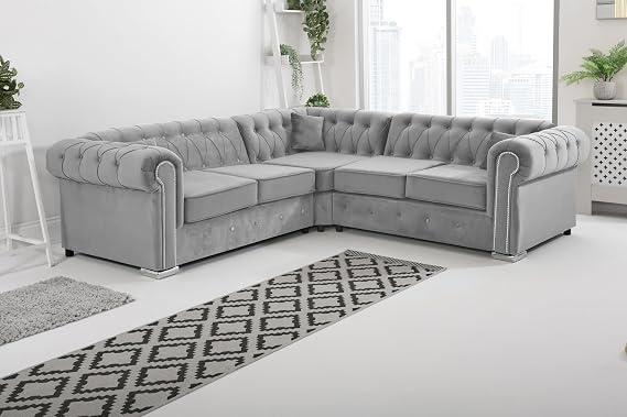 Sofahub Velvet Upholstered Olympia Chesterfield Sofa - 5 Seater Corner Sofa - Soft Silver Plush Fabric Couch - Living Room Furniture - Stylish Couches & Sofas for Living Room (Silver, Corner)